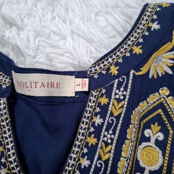 Solitaire Embroidered Tunic Dress Womens Blue Floral BOHO 3/4 Sleeve Size Large - Picture 3 of 11